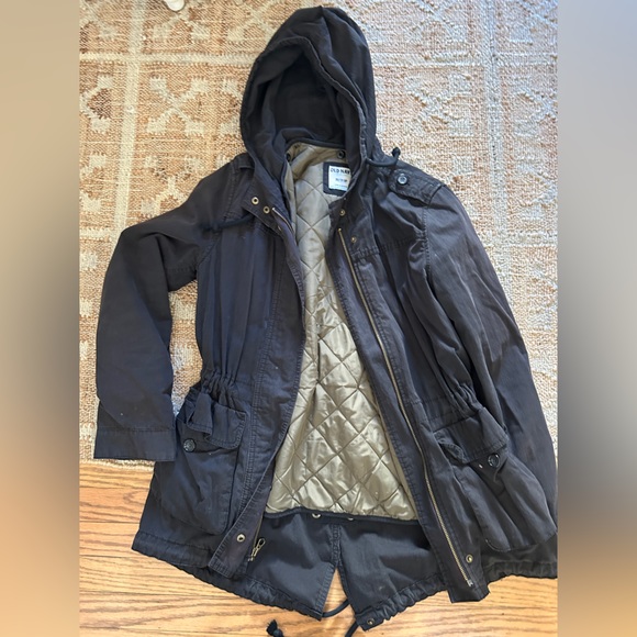 Black weather resistant mid-length jacket with quilted insert. - Picture 2 of 7